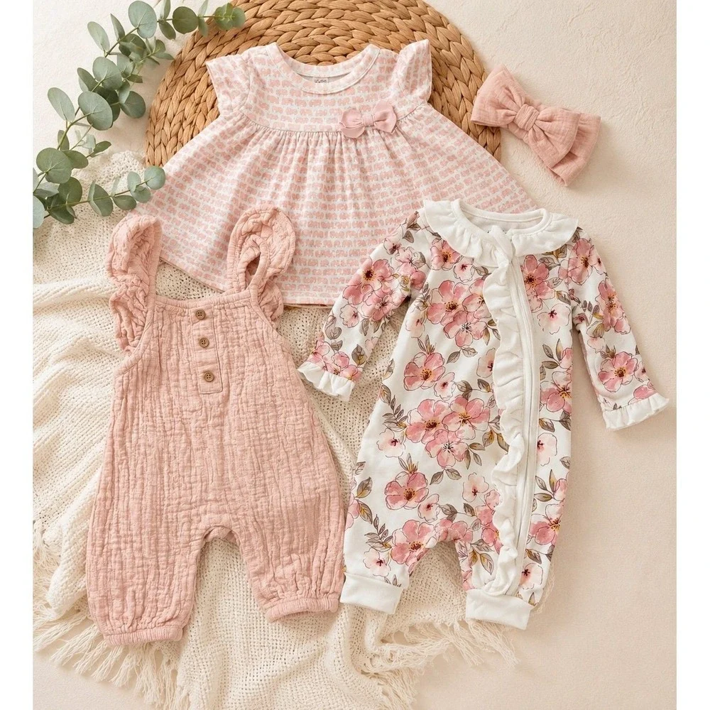 Baby Girls 3-Piece Outfit Bundle 0-3M Pink Floral Romper‎ Dress Muslin Jumpsuit